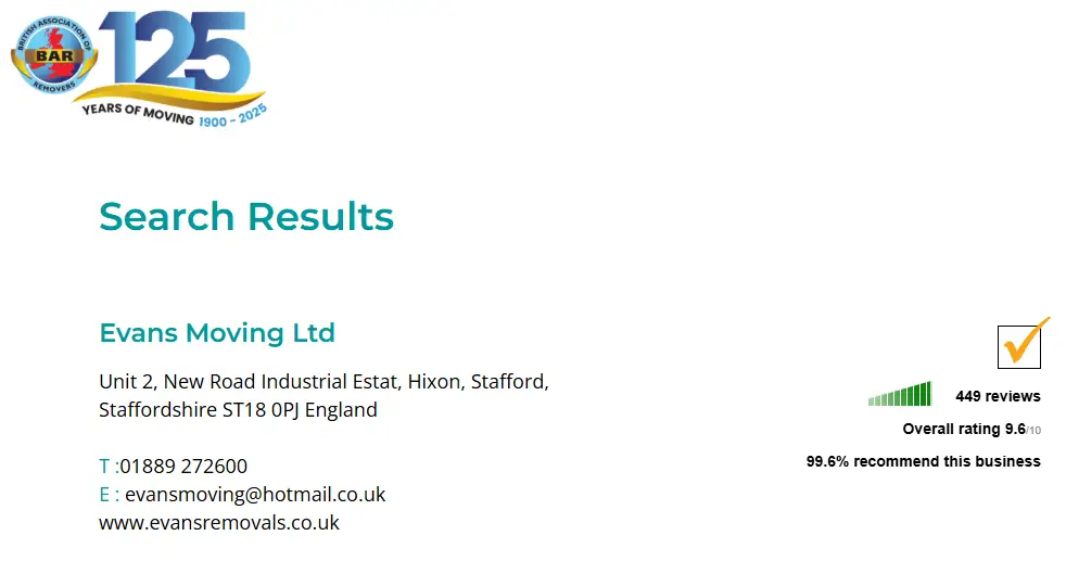 A screenshot of Evans Moving Ltd's result on the BAR website.
